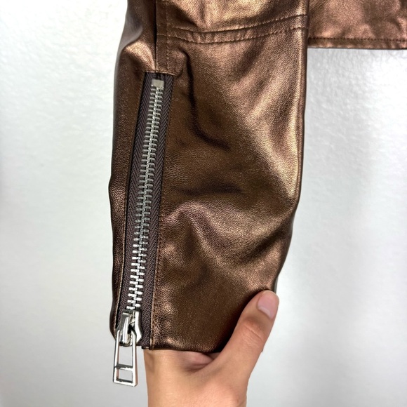 7 For All Mankind Women's Metallic Brown Leather Jacket size XS - Picture 3 of 8